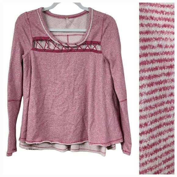 Free People Lacey Love Cutout Top French Terry Soft Berry Stripe Pullover - Picture 1 of 15